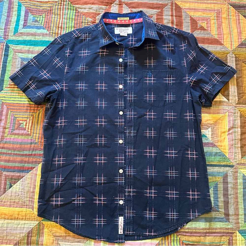Men’s Medium Original Penguin Blue Pink and White Casual Button Down Shirt